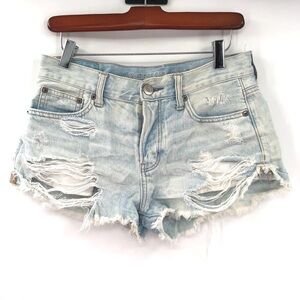 AMERICAN EAGLE Tomgirl Shortie Denim Jean Shorts Distressed Light Daisy Dukes 2